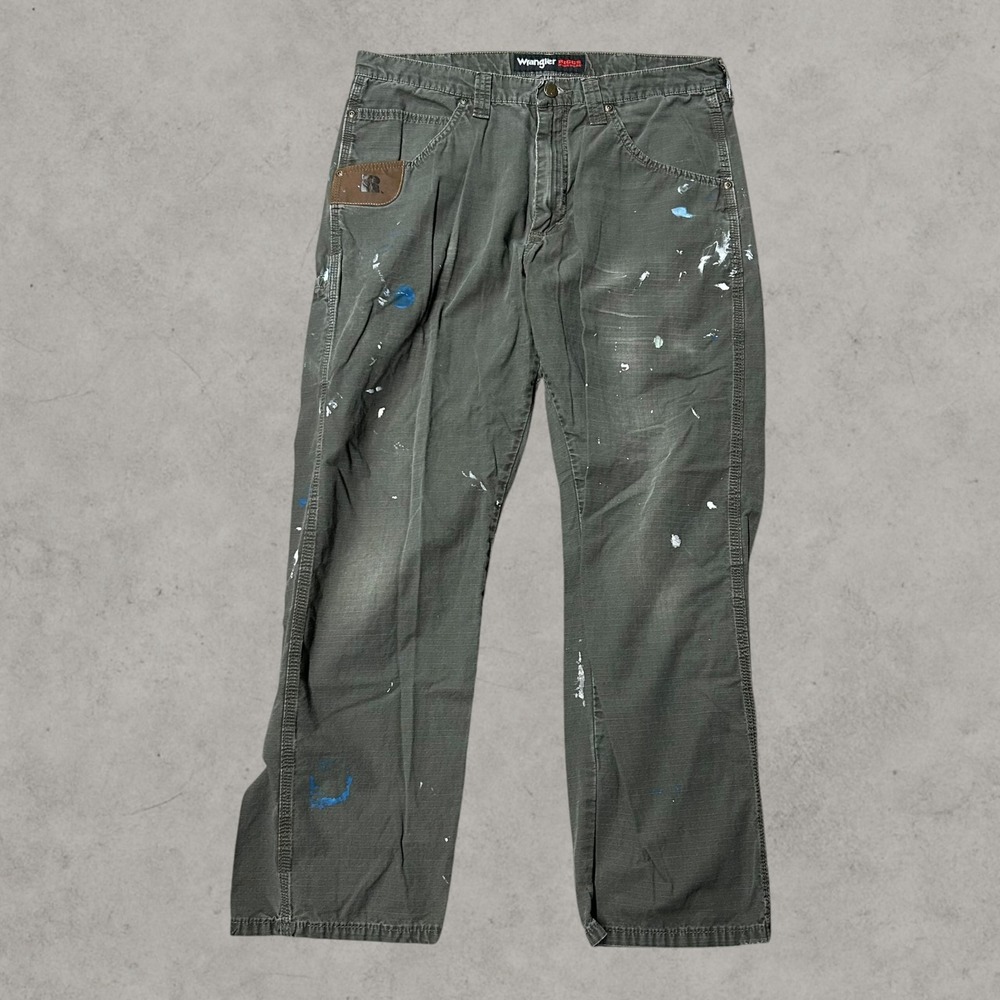Wrangler Riggs Workwear Carpenter Pants Mens 34x30 Olive Green Ripstop Paint